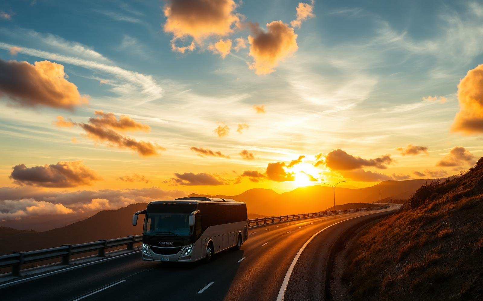 Coach on highway at sunset